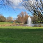 A green grass field with a lake and a fountain in the middle.