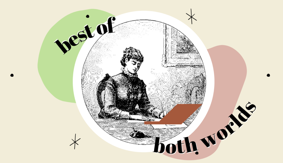 Decorative image - a round drawing of a victorian woman writing with a laptop overlaid so it looks like she is using it. It has the title of the blog 'best of both worlds' around the image.