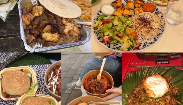 A collage of five photos of different meals.