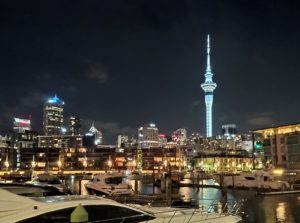 Auckland Marina and skytower at night
