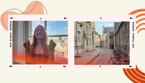 Header image for 'All Wrapped Up' - a cream background with red and pink abstract shapes, and a photo strip with two photos. The left photo is of Amber, a young white woman in her 20's with brown/blonde hair parted to the side - she is smiling and has socks on her hands for the lots of socks campaign. The right side image is the outside of the Centre for Family Research on Free School Lane, Cambridge - this is a street with a light stone building to the left and a darker one to the right, and there are bikes in the foreground.