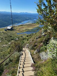 outdoor steps with lake in distance