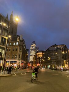 London buildings at night with their lights on