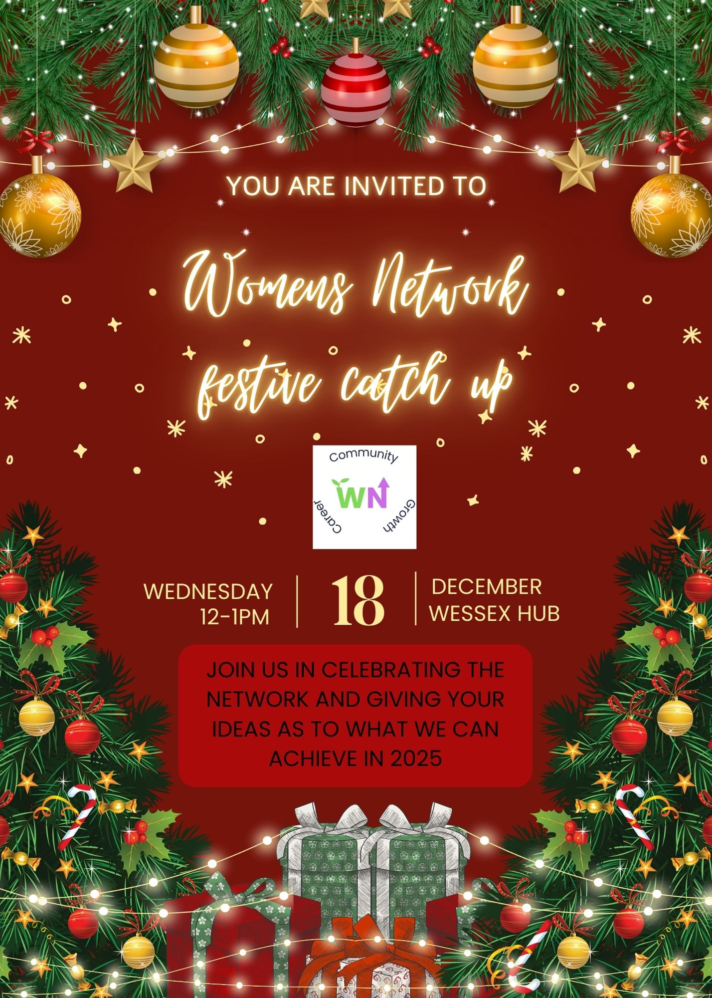Invite to Christmas celebration. 12-1pm 18 December in Wessex Hub